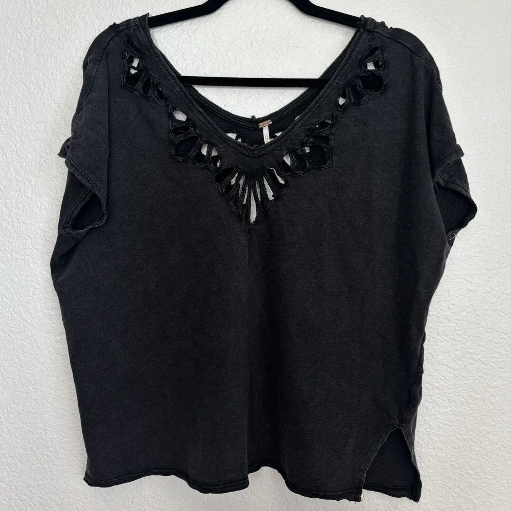 Free People Black Cutout Crochet Neck Short Sleeve Oversized Cotton Top Small